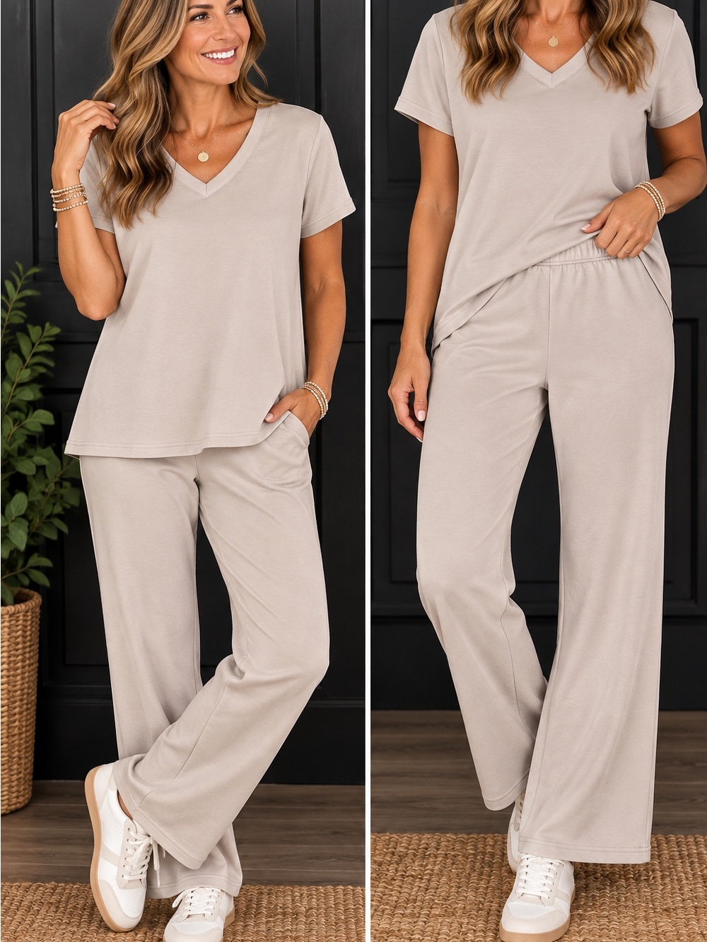 Relaxed V-Neck Track Pants & Tee Set — Light Taupe